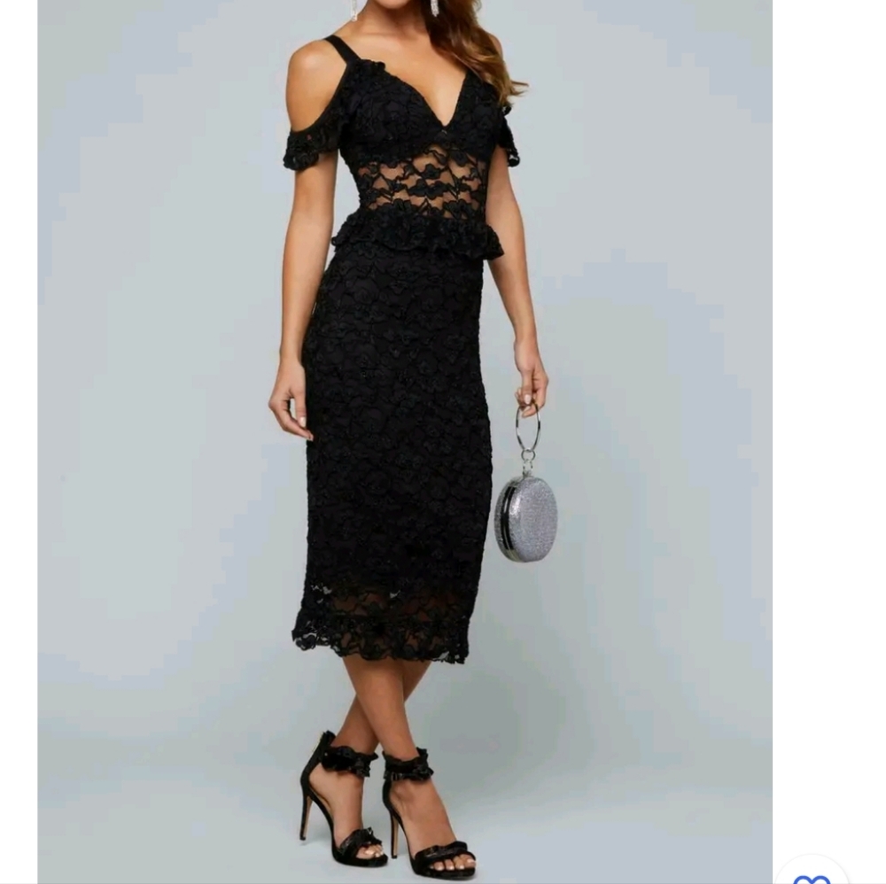 Bebe Kayla Black Lace Cold Shoulder Ruffle Cocktail Dress size S
